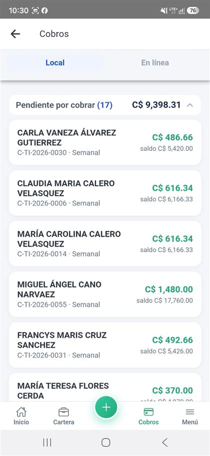 Cobros del día en la app