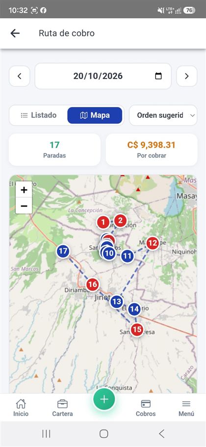 Ruta de cobro con mapa